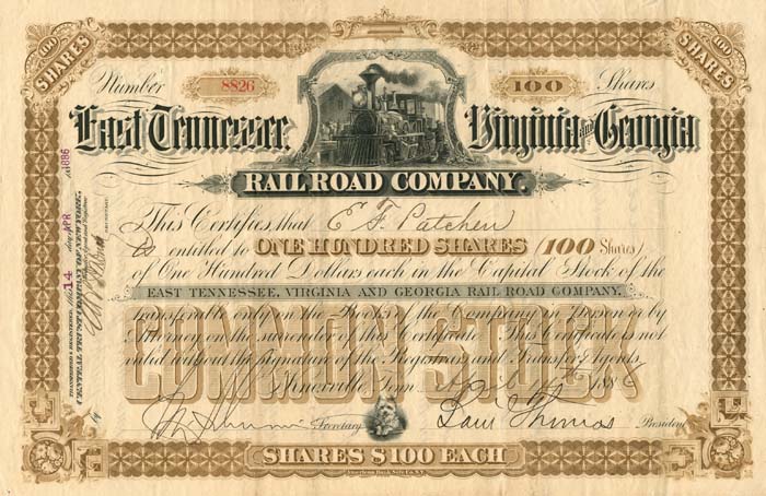 East Tennessee, Virginia and Georgia Railroad Co. - Railway Stock Certificate